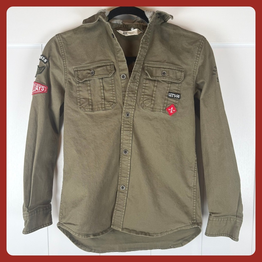 H&M Kids Olive Green Hooded Shirt Jacket Patches Military Style‎ Size 11 12